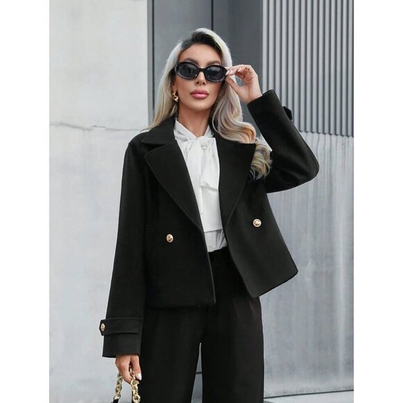 double gold button classic peacoat minimalist preppy pea coat jacket black - Picture 1 of 7